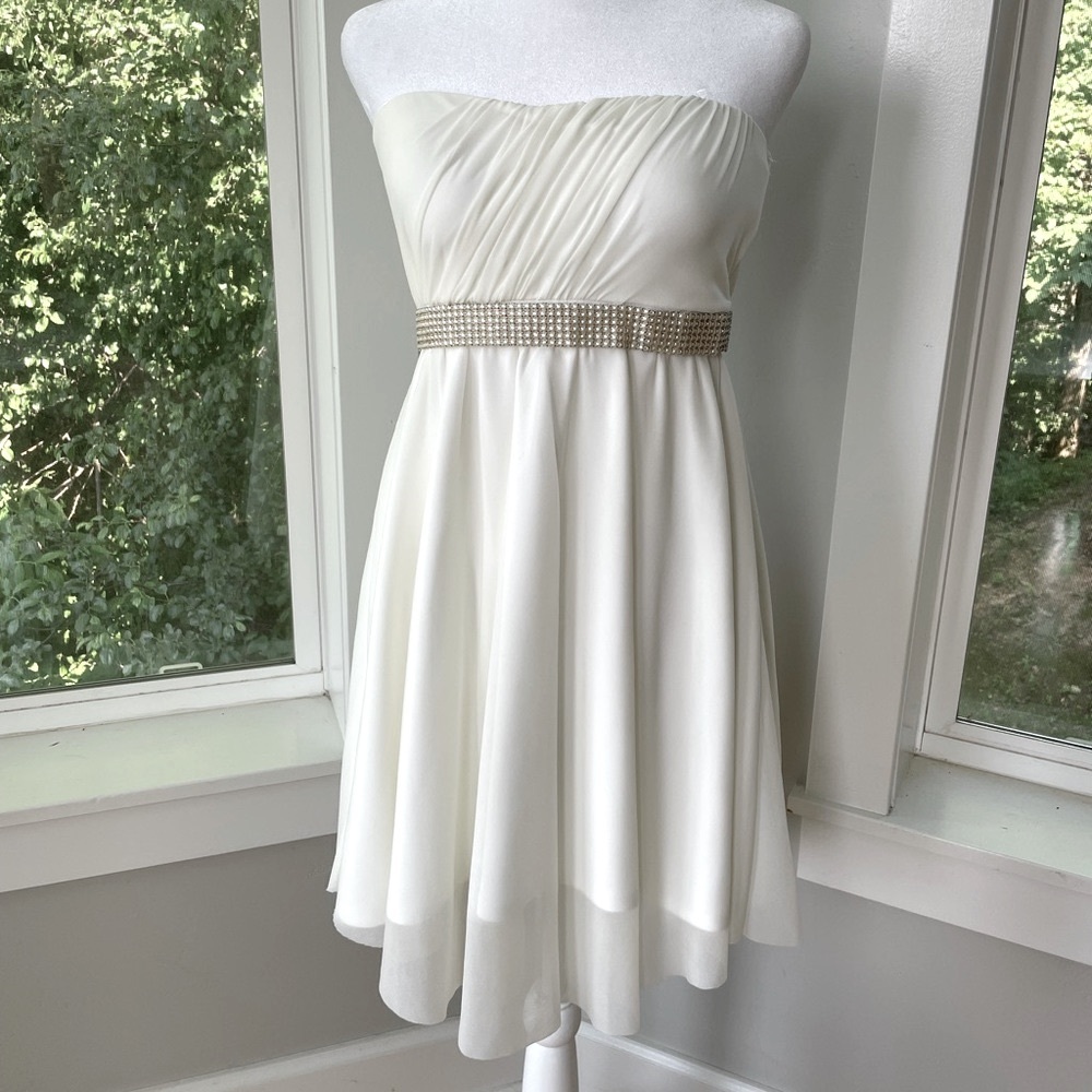 Vintage Y2K Tiger Lily Ivory Strapless Chiffon Mini Dress Pearl Embellished Sz M